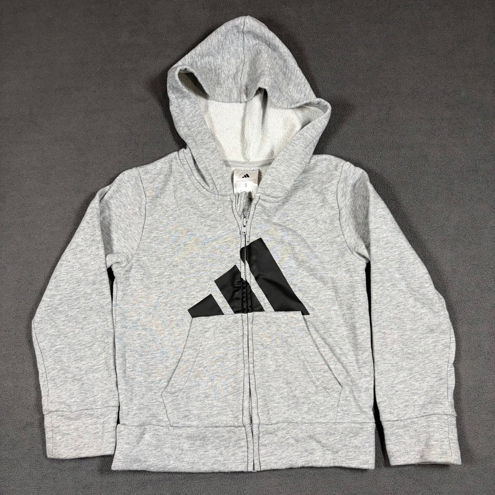 Adidas Full Zip Hoodie Kids Size 5 Gray Graphic Logo